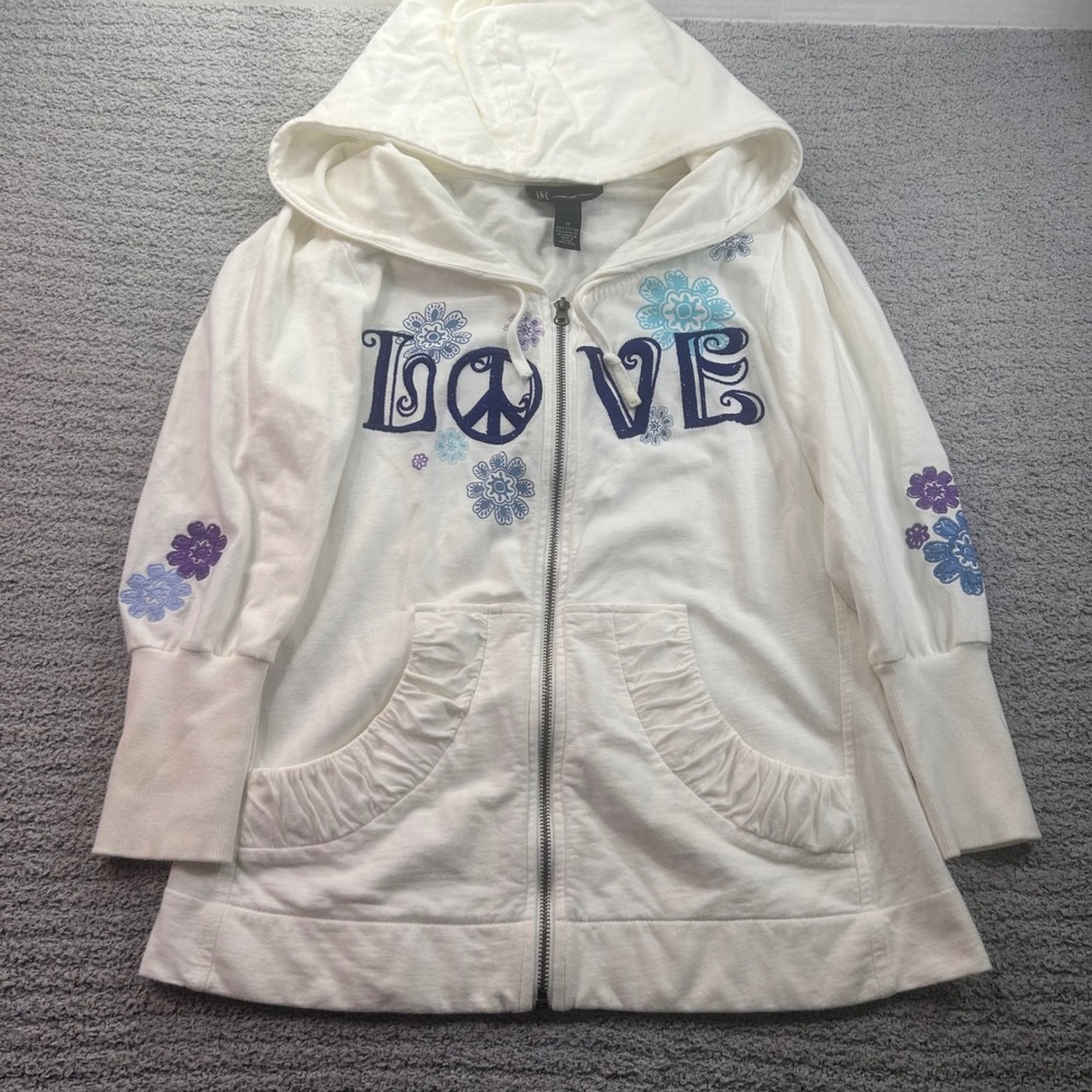 INC Hoodie Love Peace Floral White M Y2K Boho Hippie Retro 2000s Aesthetic